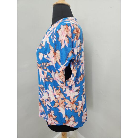 Signature Studio tropical Print Blouse Blue Pink Cap Sleeve Size 2X - Picture 3 of 9